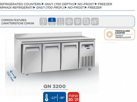 Tavolo refrigerato QN 3200 inox, negativo - 18/-22°.